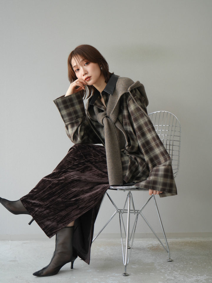 [SET]レザー襟オンブレチェックオーバーシャツ +ループデザインホックベスト +クラッシュベロアナロースカート(3set)