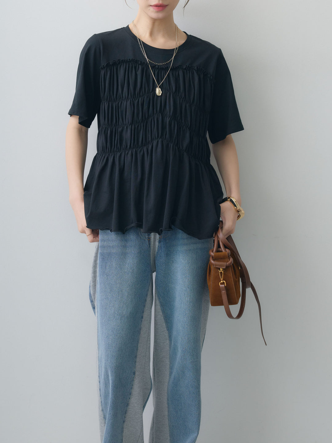 [SET]クールタッチシャーリングTEE+デニム切替スウェットパンツ(2set)