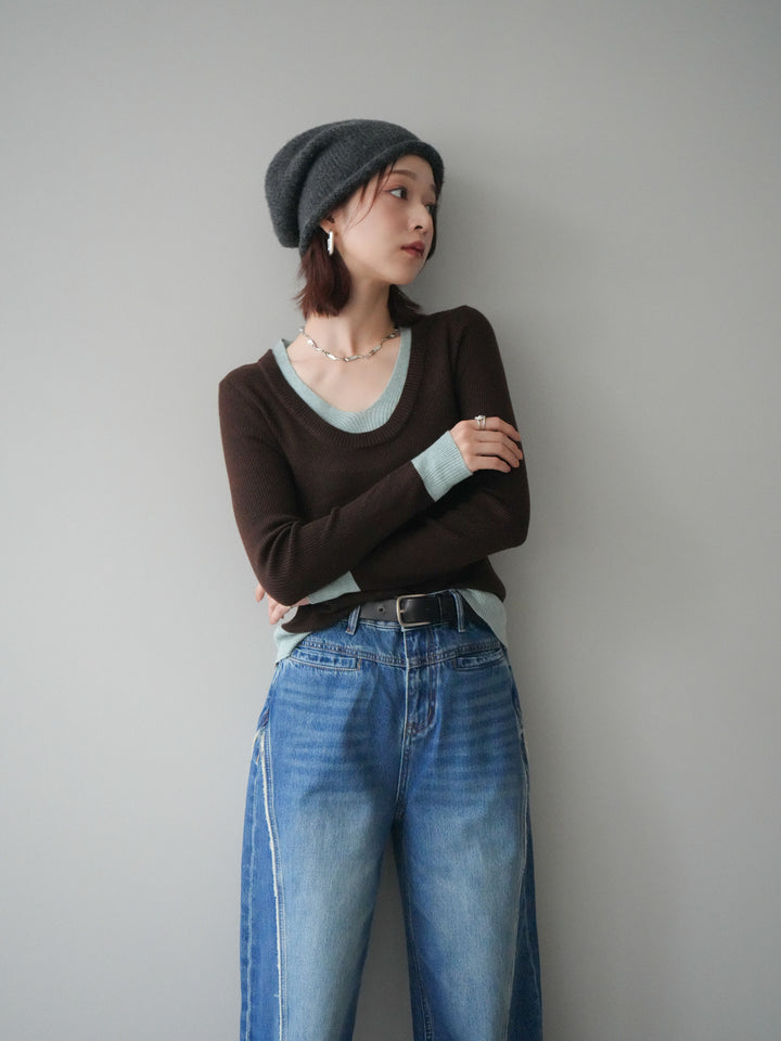 [SET]Uネック配色レイヤードリブニットトップス+サイドフリンジワイドデニムパンツ(2set)