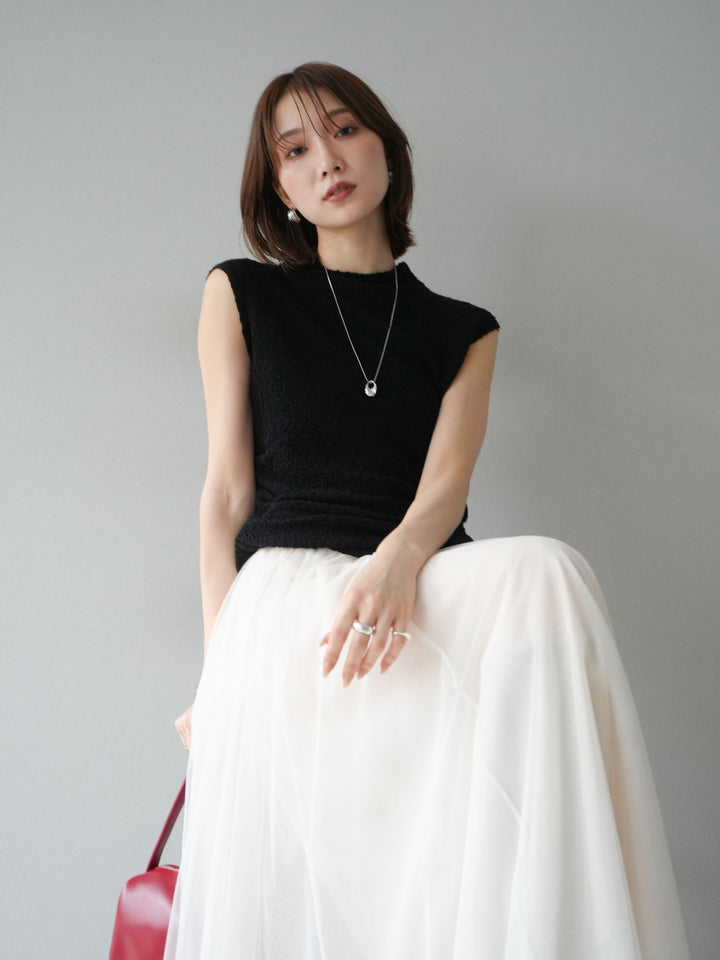[SET]ブークレアシメニットノースリーブトップス+チュールボリュームスカート(2set)