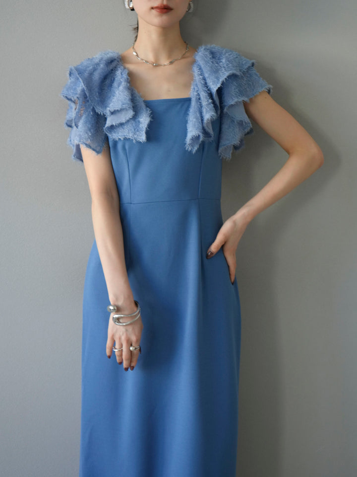 [予約]ジャガードフレアスリーブドレス/ブルー