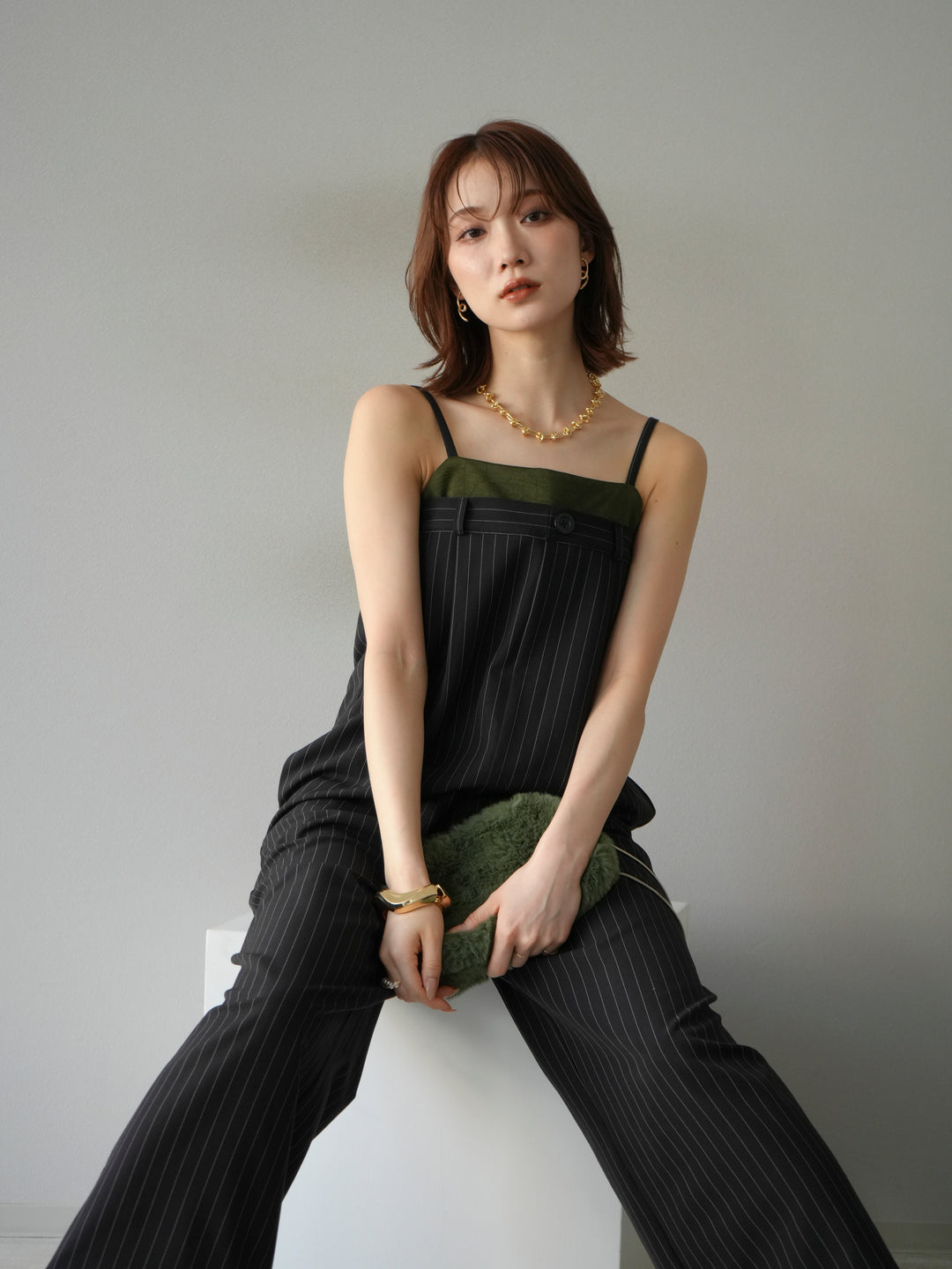 [予約]サテン切替ピンストライプサロペット/ブラック