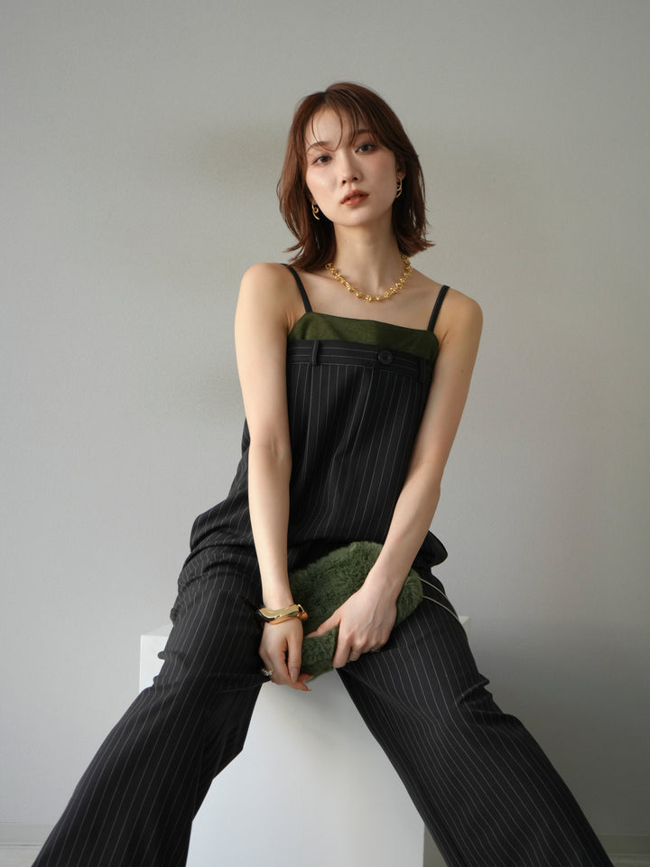 [予約]サテン切替ピンストライプサロペット/ブラック