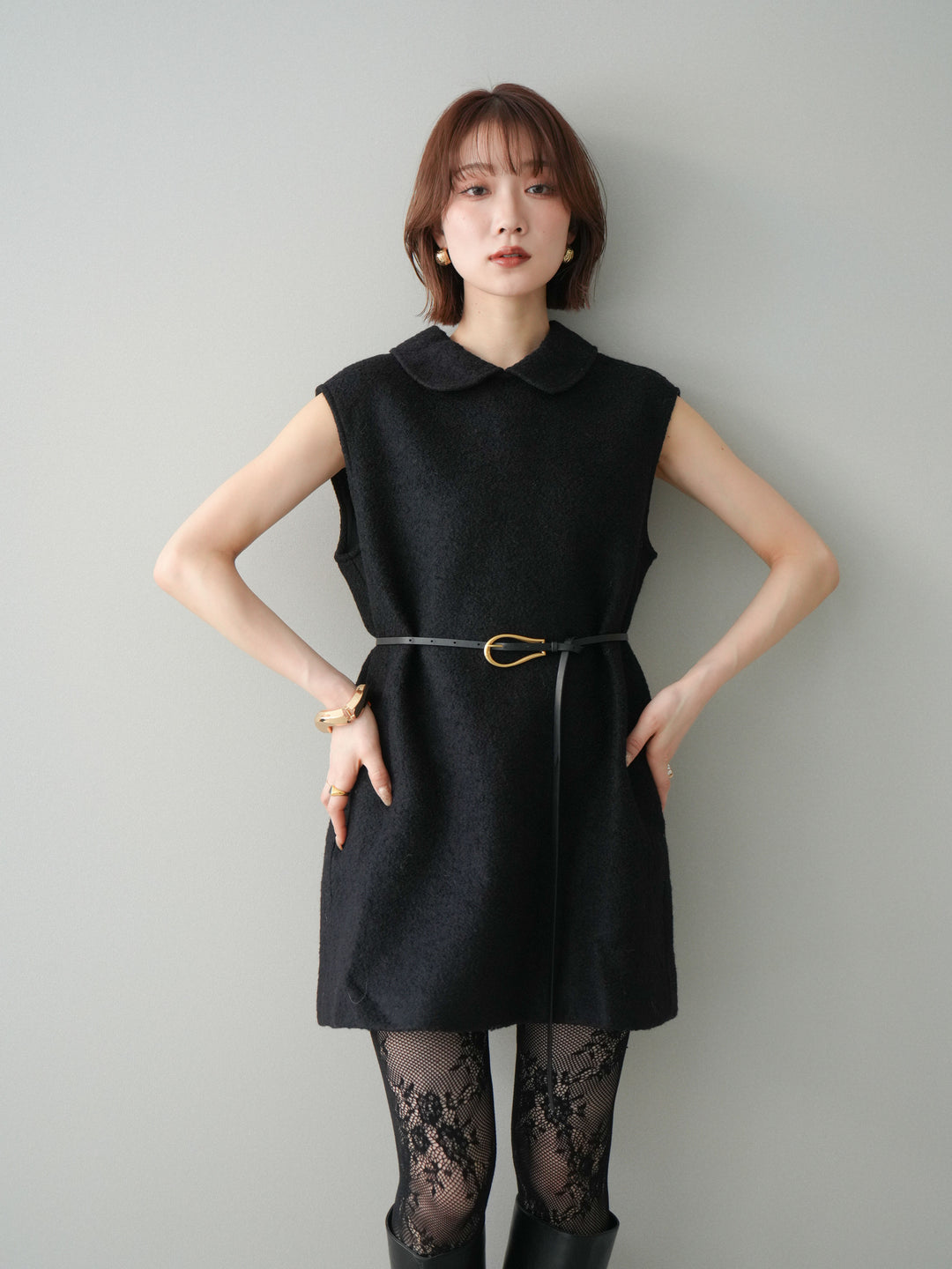 [予約]襟付きブークレミニワンピース/black