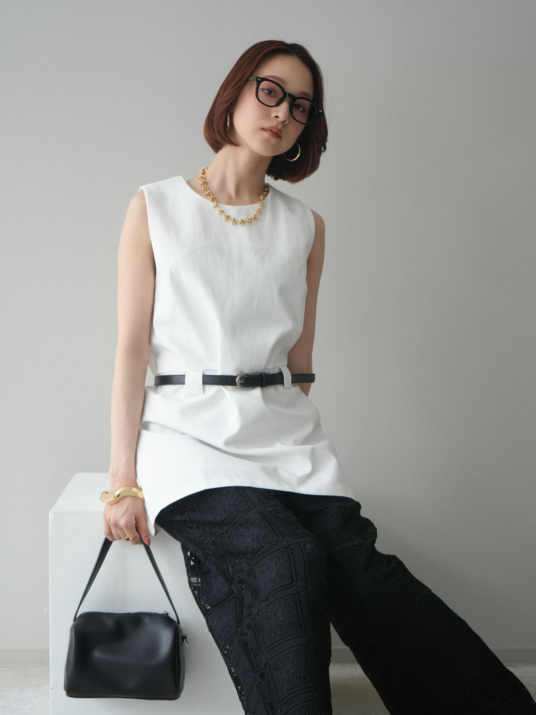 [SET]ベルト付リネンライクノースリチュニック+ベルト付リネンライクノースリチュニック(2set)