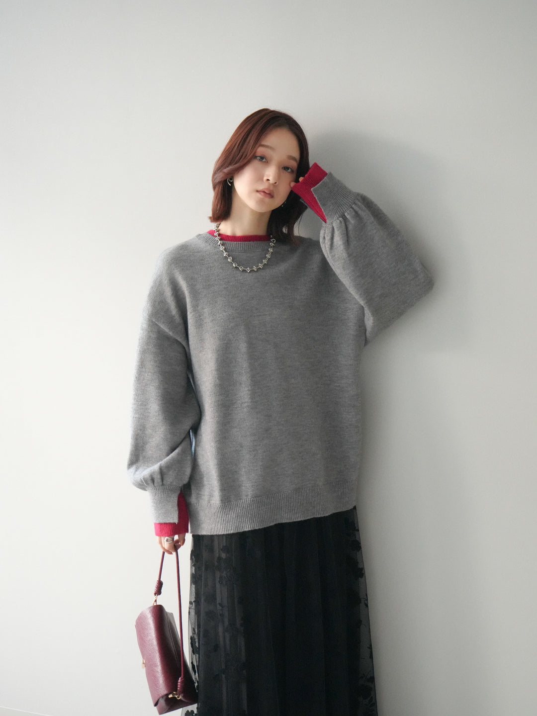 [SET]ヘンリーネック配色レイヤードニットプルオーバー+フラワーフロッキーチュールプリーツスカート(2set)