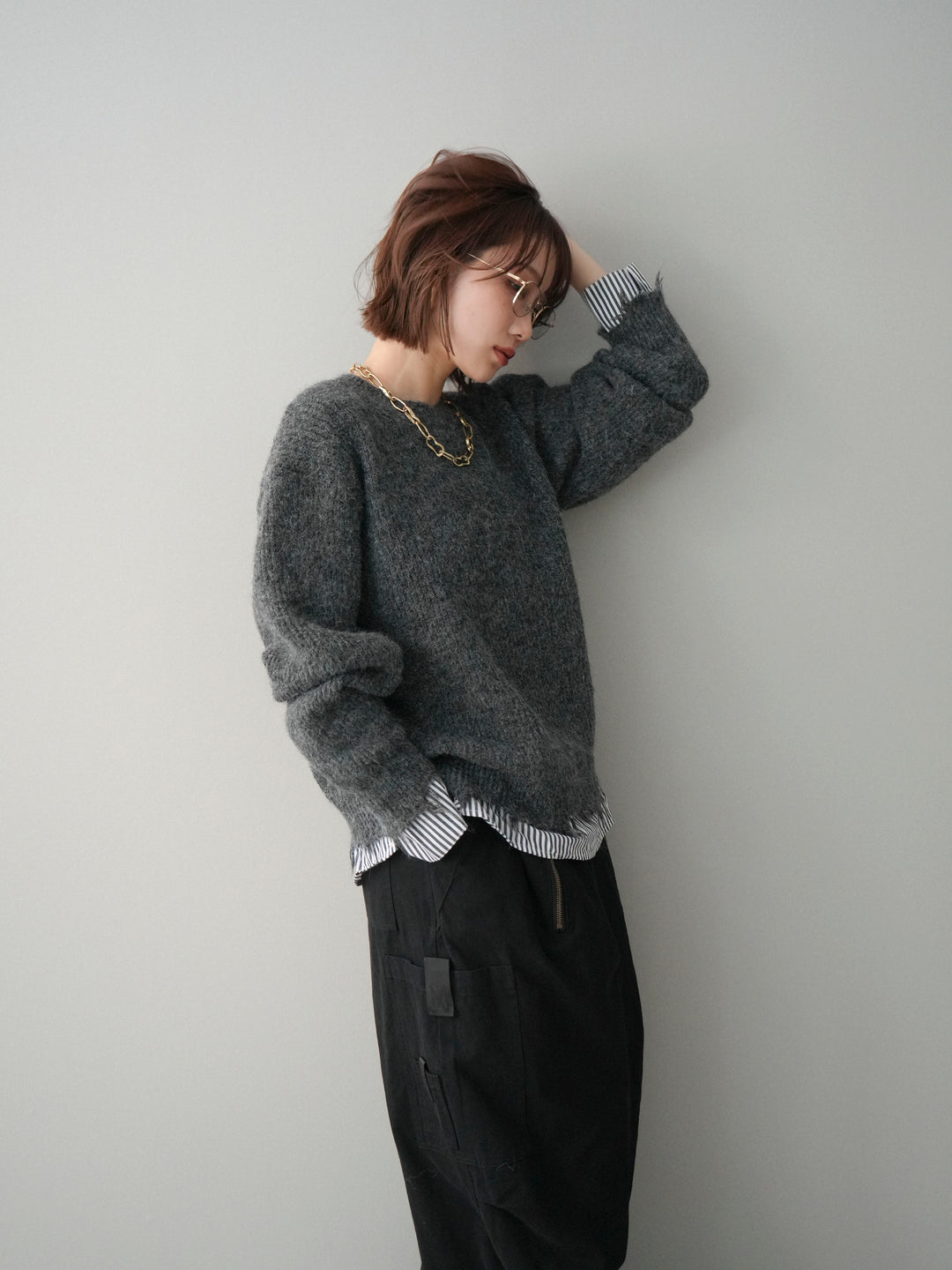 [予約]裾シャツレイヤードダメージニットプルオーバー/darkgrey