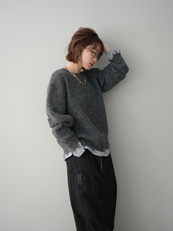 [予約]裾シャツレイヤードダメージニットプルオーバー/darkgrey