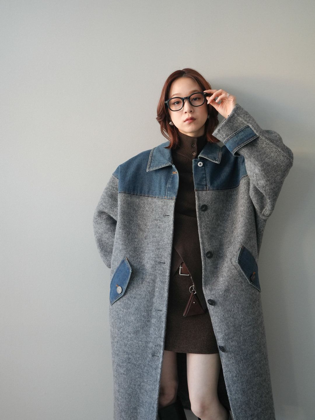 [SET]デニム切替シャギーステンカラーコート+ウールタッチベルト付ミニスカート(2set)