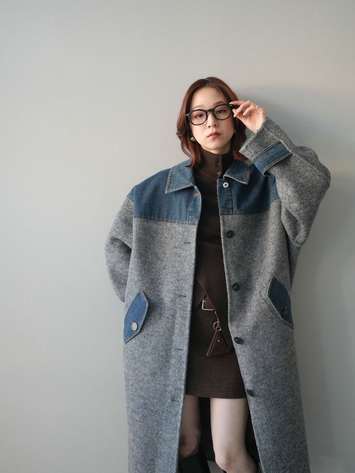 [SET]デニム切替シャギーステンカラーコート+ウールタッチベルト付ミニスカート(2set)