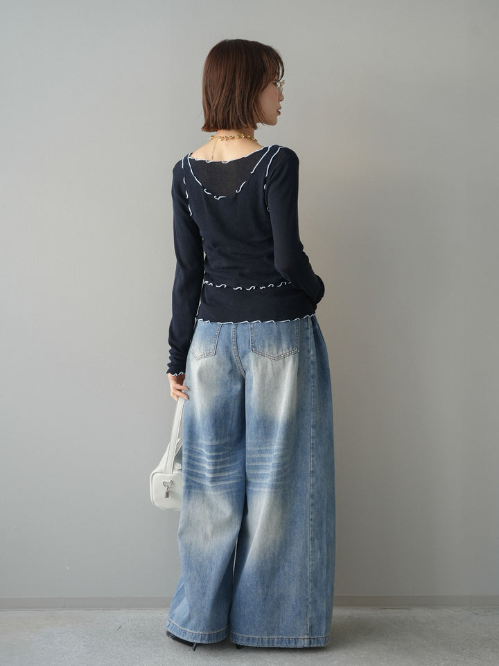 [SET]バイカラーメローアンサンブルシアーニットトップス+フロントポケットサイドタックワイドデニム(2set)