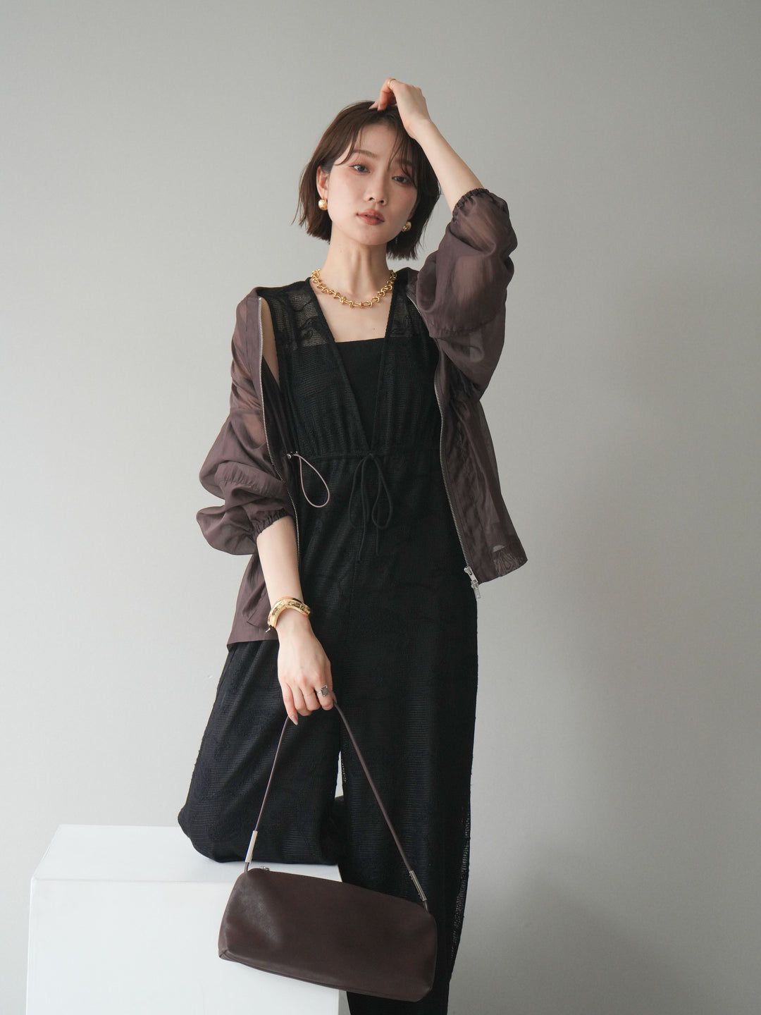 [SET]レース刺繍サロペット+ドロストシアーブルゾン(2set)