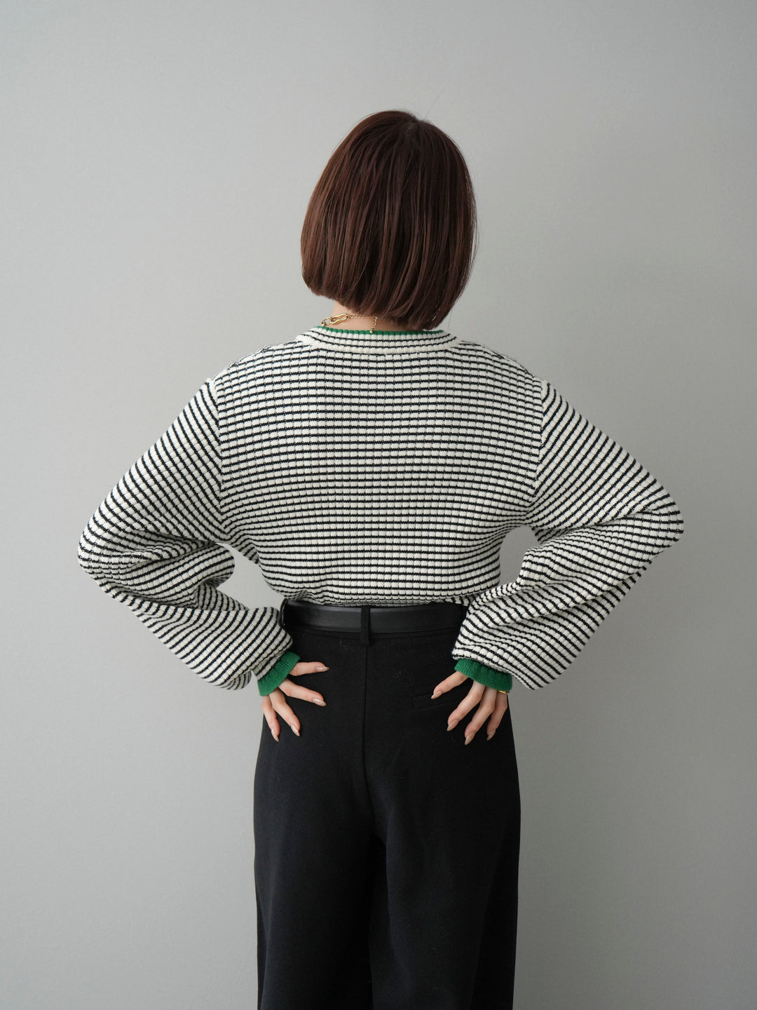 [予約]ラメ異素材ボーダーリブニットプルオーバー/off×green