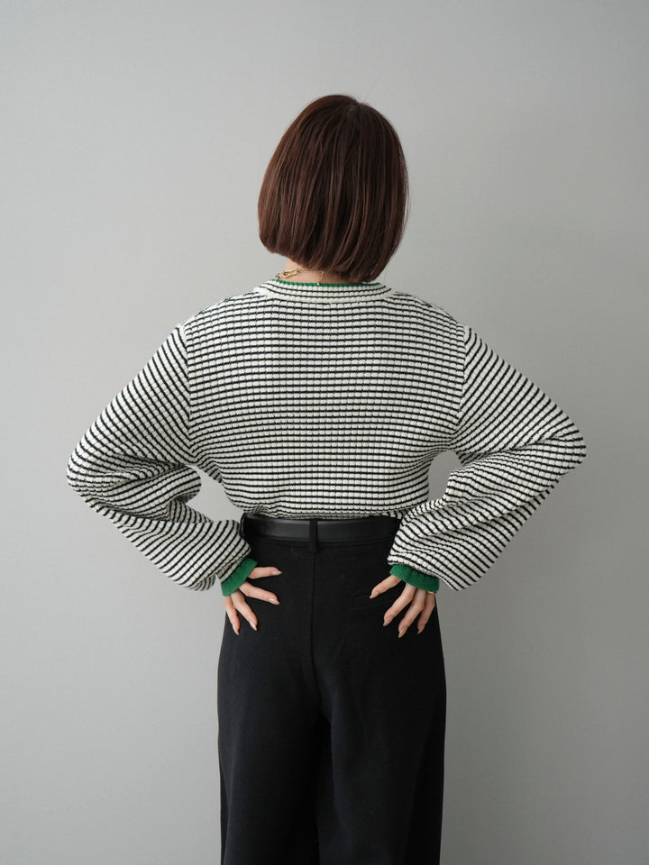 [予約]ラメ異素材ボーダーリブニットプルオーバー/off×green