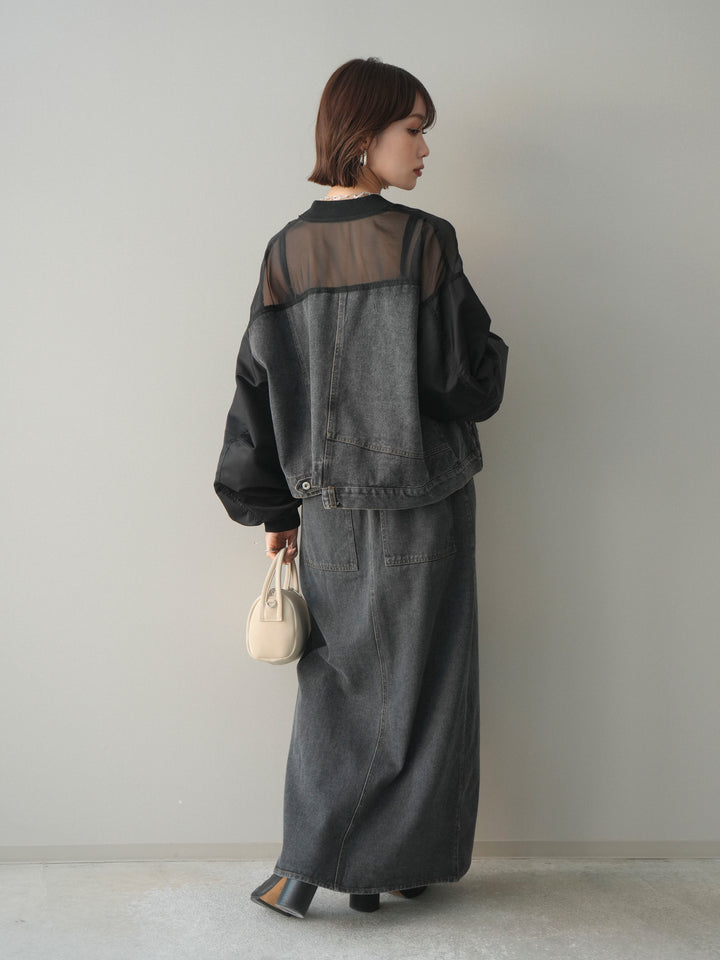 [SET]異素材デニムブルゾン+フロントジップデニムスカート(2set)