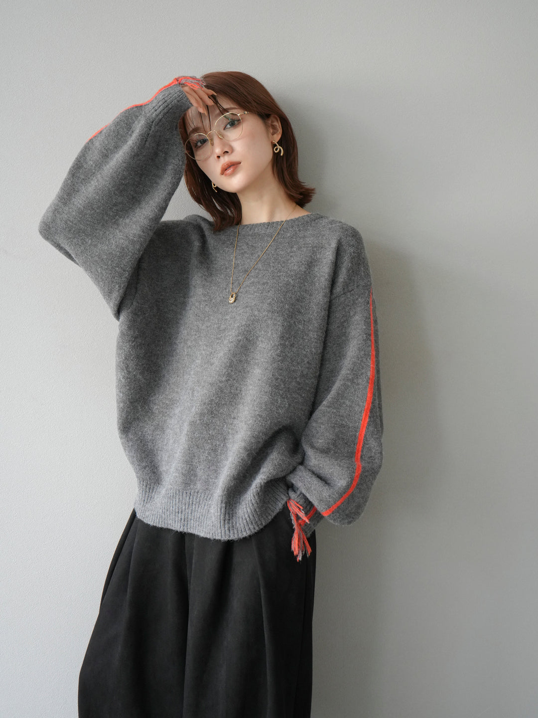 [予約]配色ステッチフリンジニットプルオーバー /チャコール