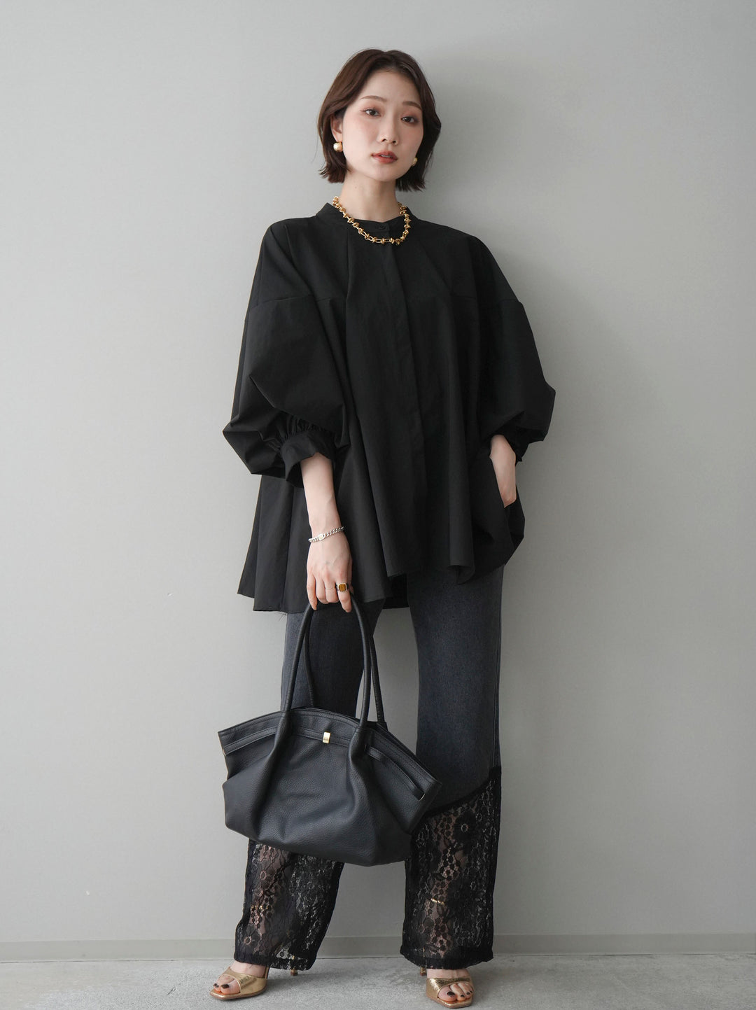 [予約]レース切替フレアデニムパンツ/black