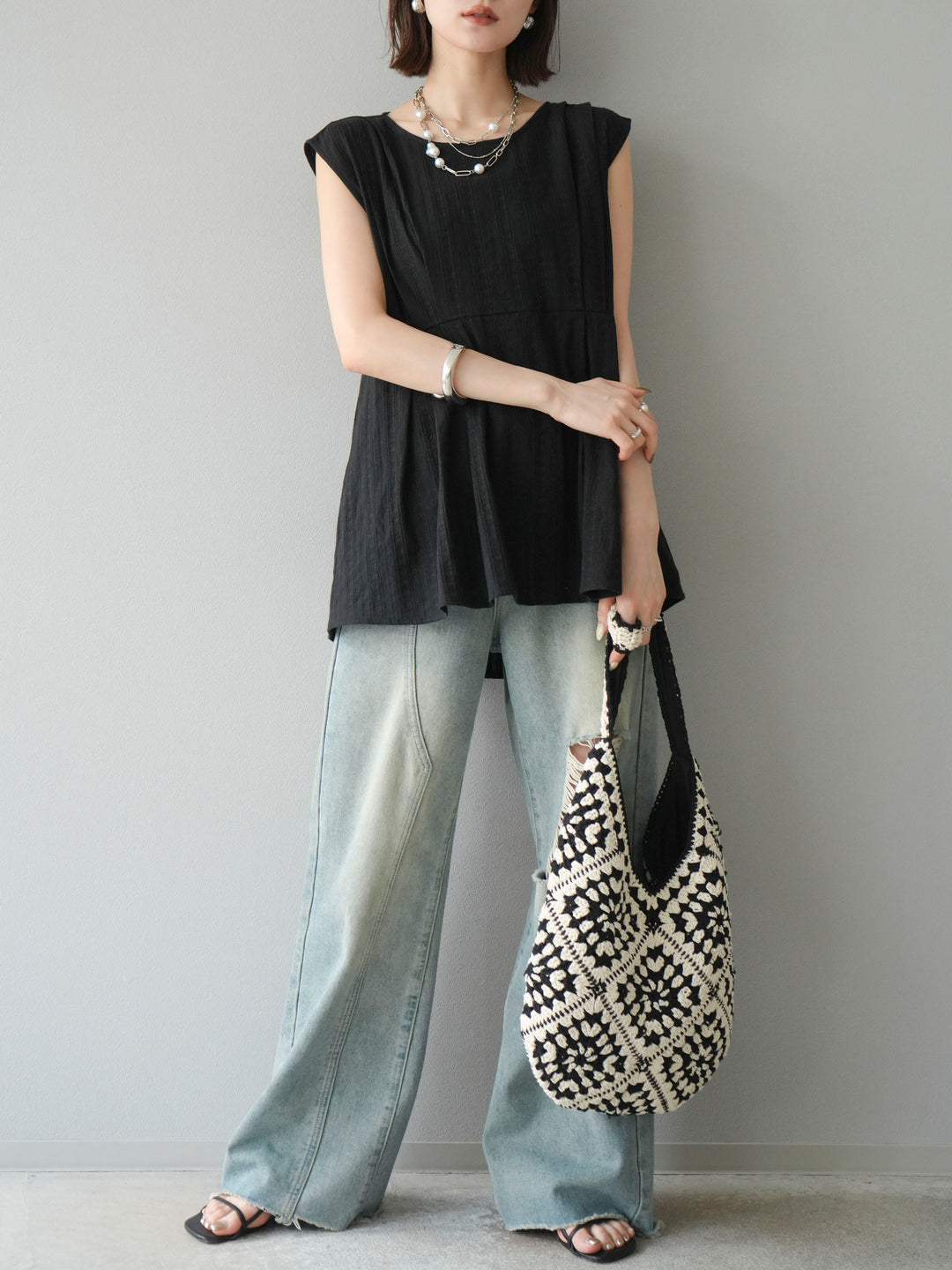 [予約]ドビーストライプタックブラウス/ブラック