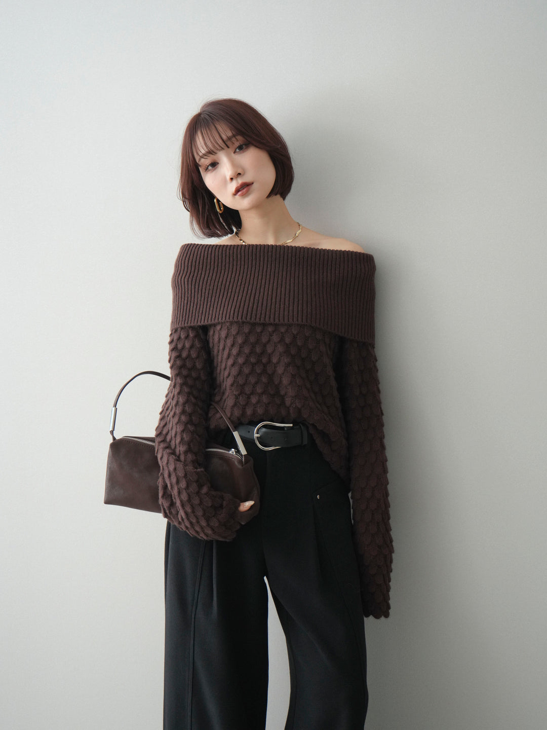 [予約]ポコポコ編みオフショルニットプルオーバー/brown