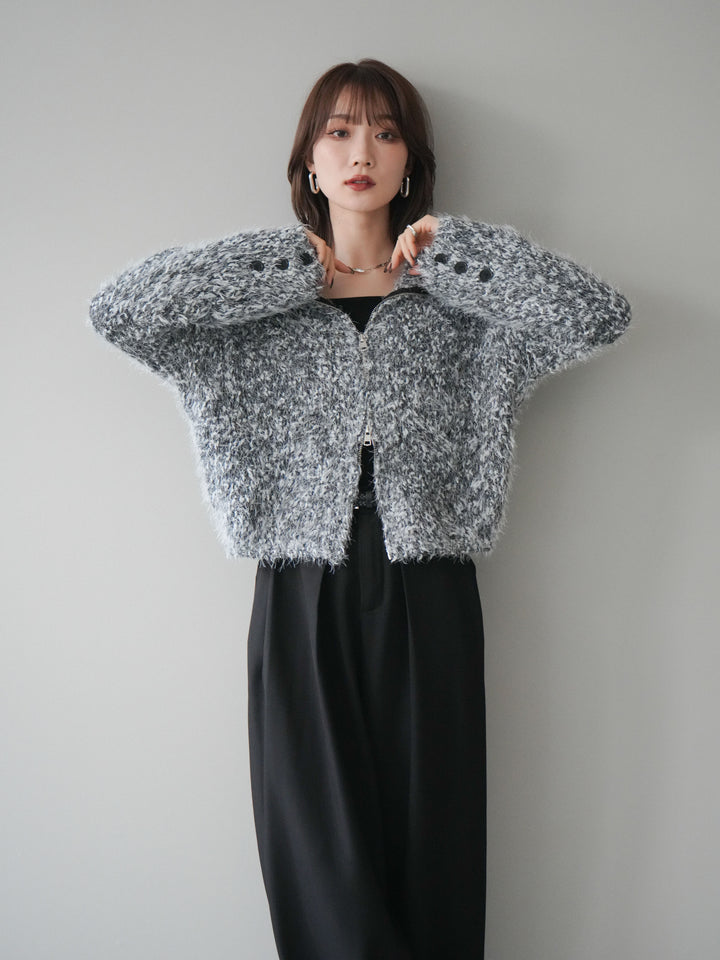 [予約]ミックスシャギージップニットカーディガン/black