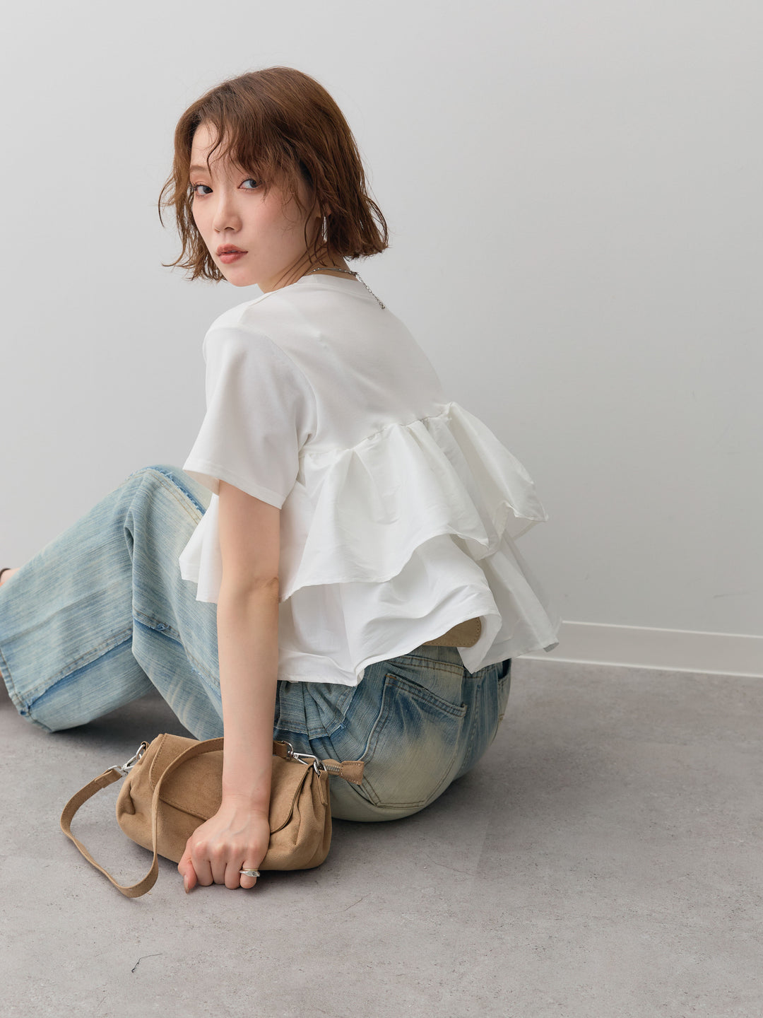 [SET]フリルティアードTEE+縦ウォッシュワイドデニムパンツ(2set)