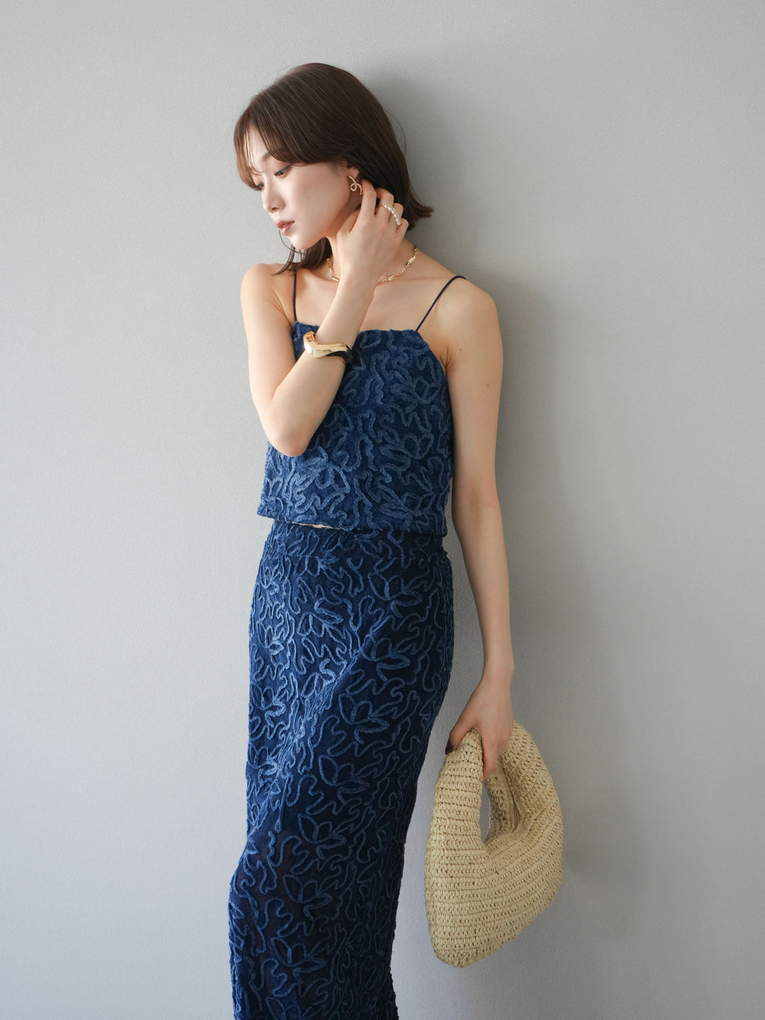 [予約]パイピングフラワーシアーベロアキャミソール/ネイビー