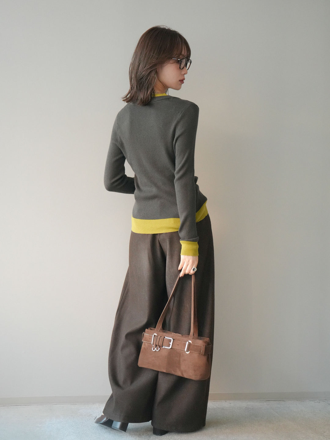 [予約]アニマル柄ベルト付きウールタッチワイドパンツ/brown