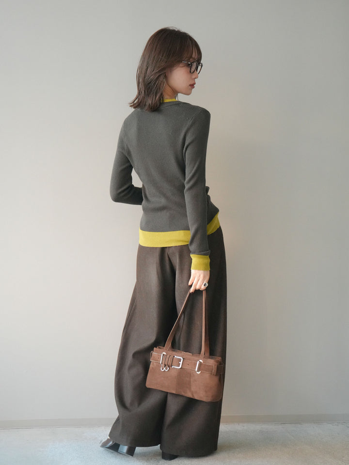 [予約]アニマル柄ベルト付きウールタッチワイドパンツ/brown