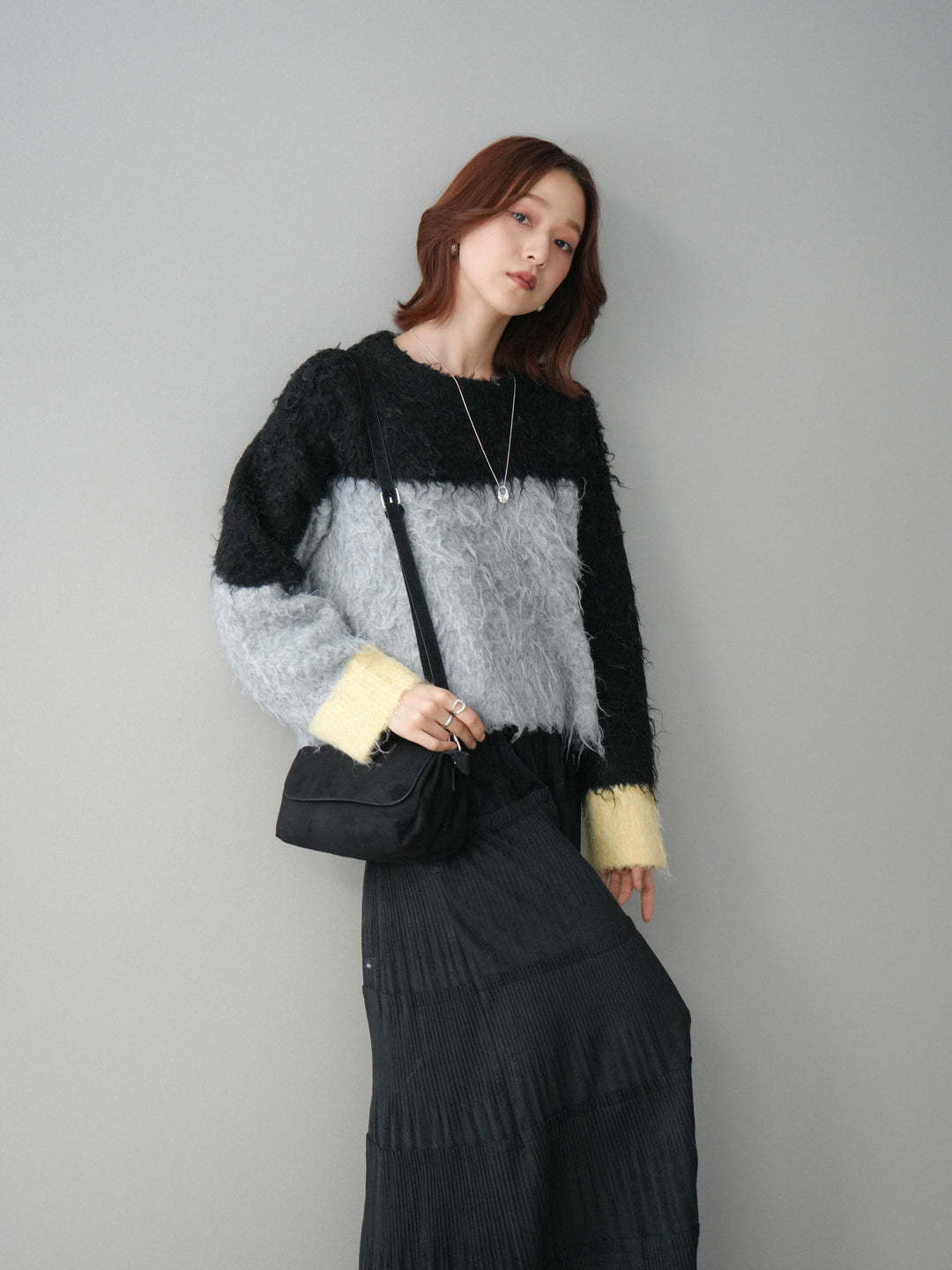 [SET]バイカラーモヘアタッチニットプルオーバー+型押しスエードティアードプリーツスカート(2set)