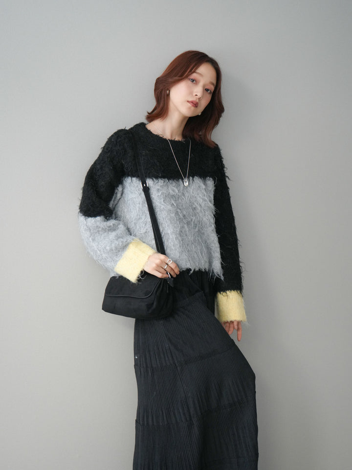 [SET]バイカラーモヘアタッチニットプルオーバー+型押しスエードティアードプリーツスカート(2set)