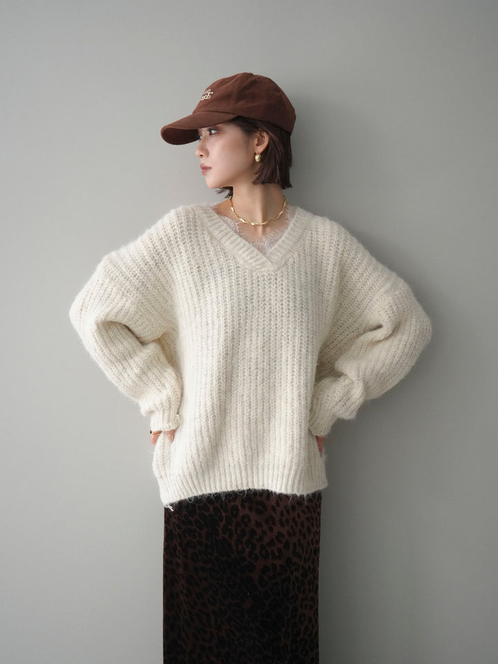 [SET]Vネックレースニットプルオーバー+レオパードベロアナロースカート(2set)