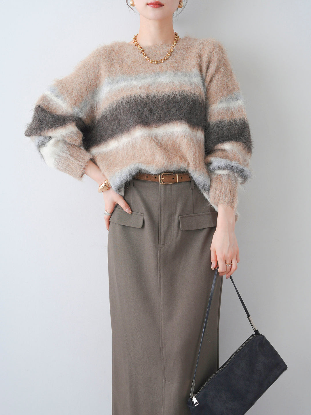 [予約]カラフルボーダーシャギーニットプルオーバー/beige
