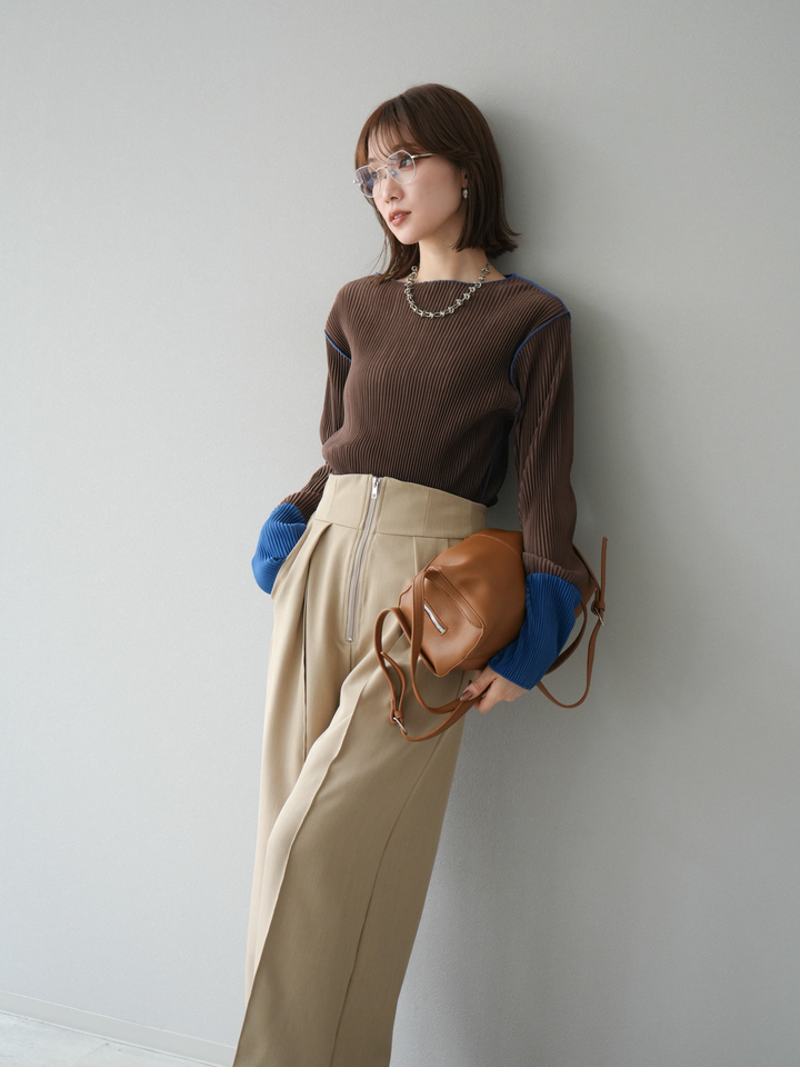 [予約]バイカラープリーツトップス/ブラウン