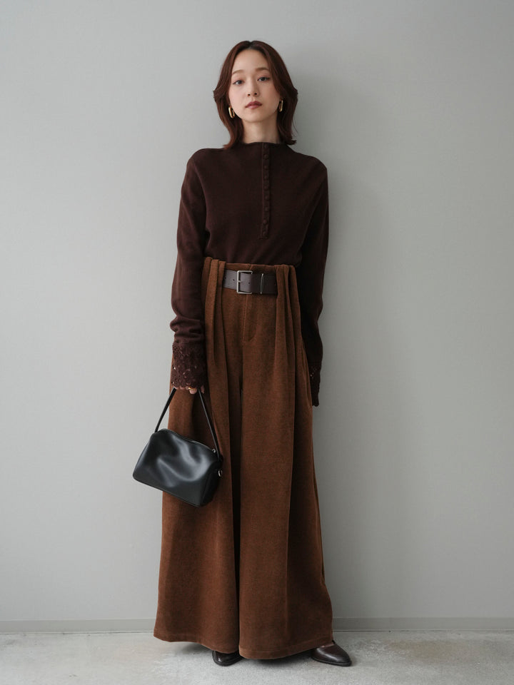 [SET]袖スカラップレースフロントボタンウールニットトップス+ベルトデザインループコールテンワイドパンツ(ベルト付き)(2set)