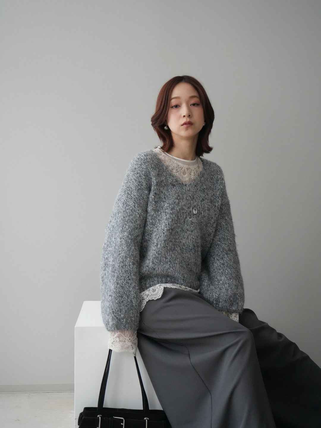 [SET]Vネックミックスヤーンニットプルオーバー+チュールレーストップス(2set)