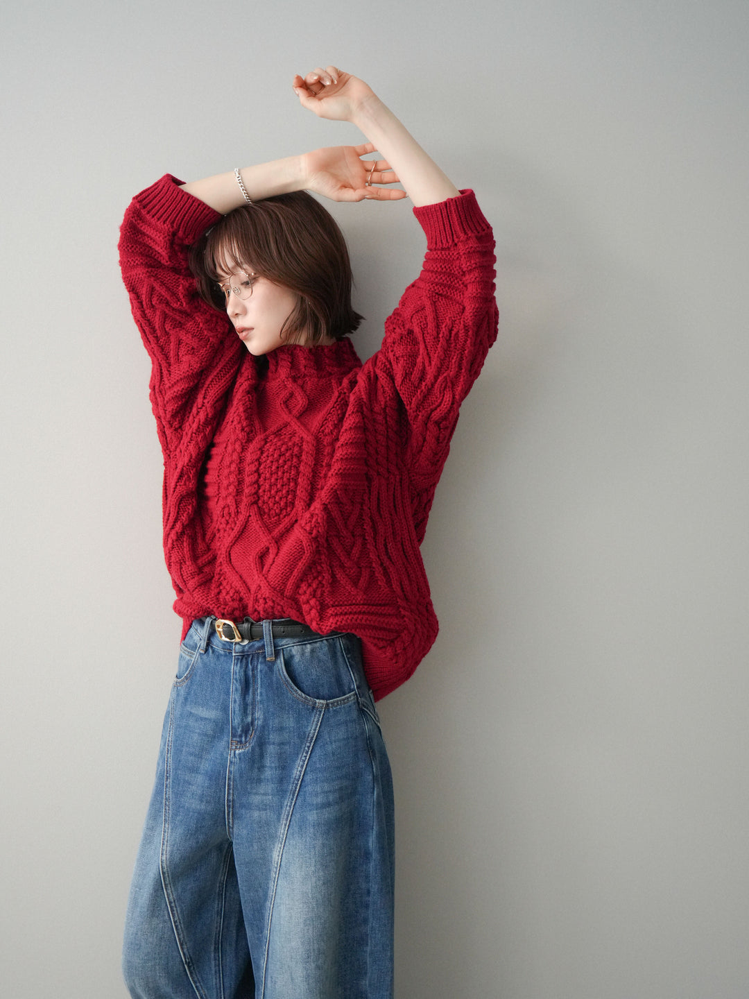 [予約]ケーブル編みモックネックニットプルオーバー/red