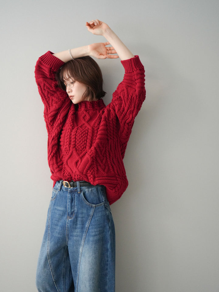[予約]ケーブル編みモックネックニットプルオーバー/red