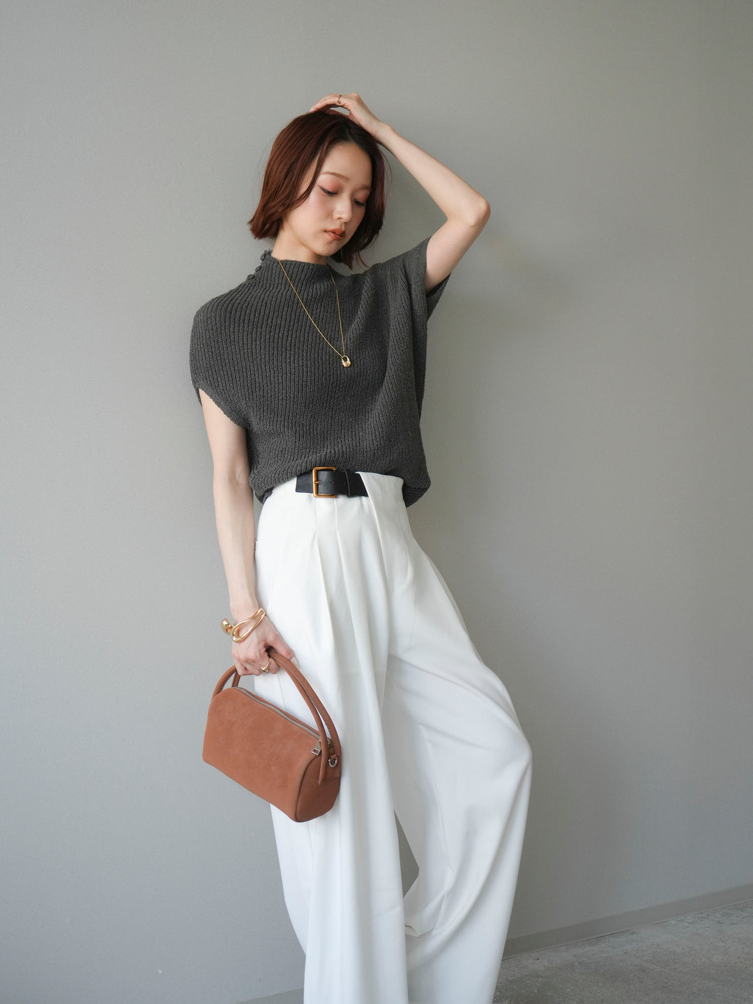 [SET]アシンメトリーローゲージニットトップス+アシンメトリーベルトタックワイドパンツ(2set)