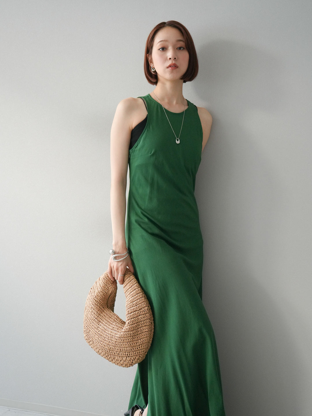 [予約]リネンタッチノースリーブワンピース/グリーン