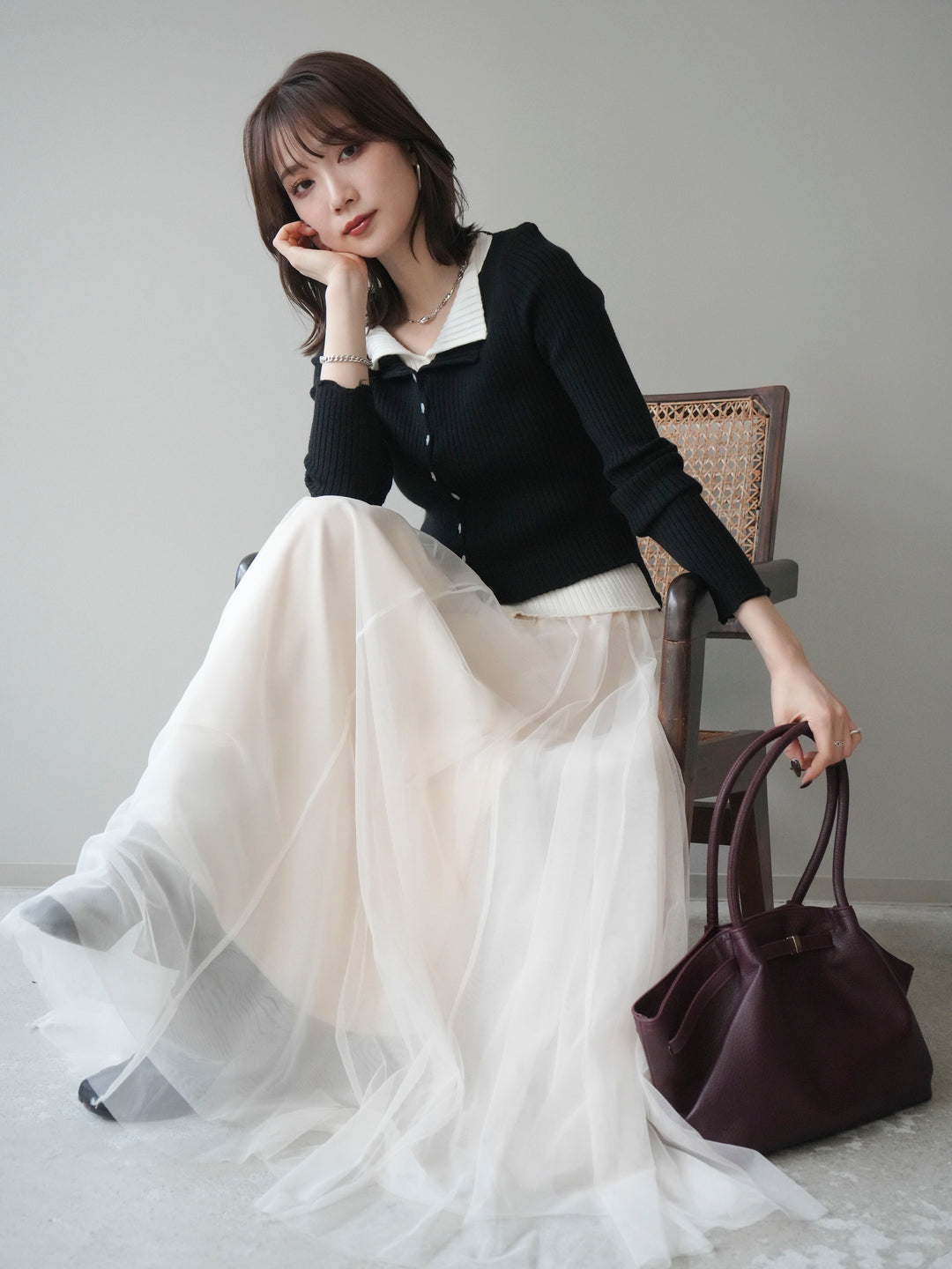 [予約]配色レイヤードリブニットカーディガン/black