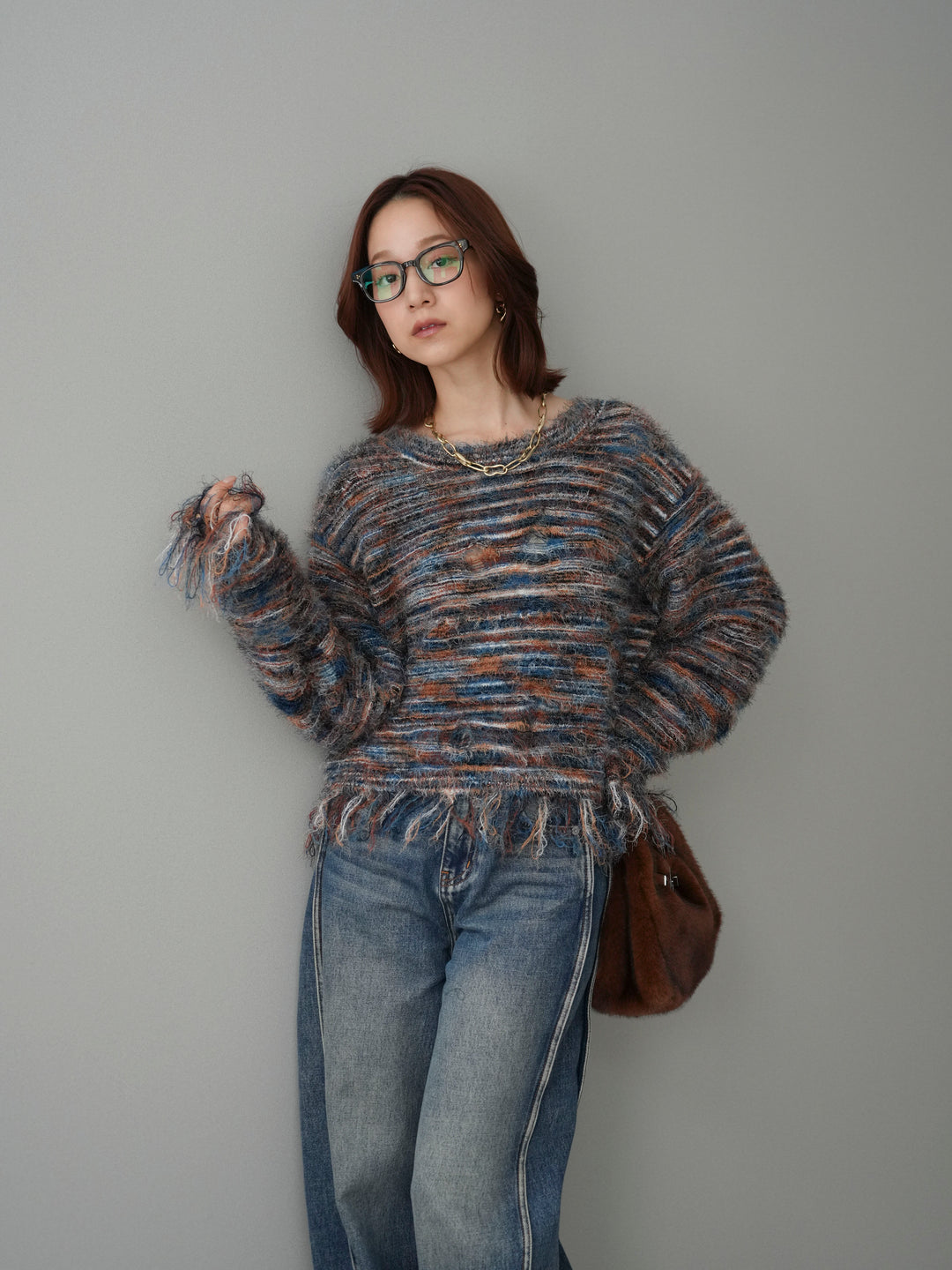 [SET]裾フリンジミックスヤーンシャギープルオーバー+サイド切替カーブデニムパンツ(2set)