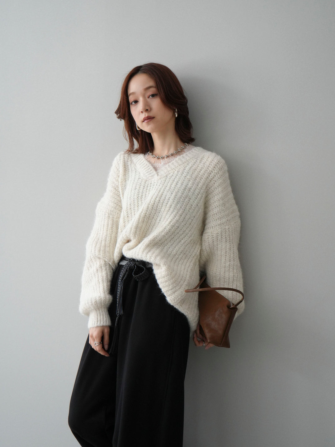 [SET]Vネックレースニットプルオーバー+編み込みベルト付きウエスト配色スエットパンツ(2set)