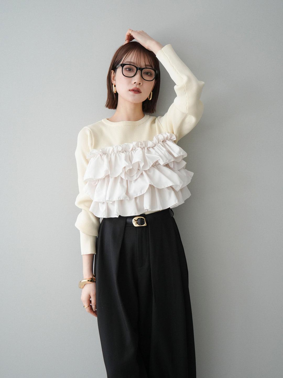 [SET]フリルビスチェドッキングスポンジニットプルオーバー+ベルトループデザインワイドパンツ(2set)