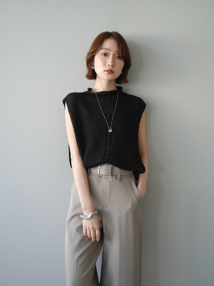 【套裝】開襟針織上衣+銀色搭扣垂褶闊腿褲（兩件套）