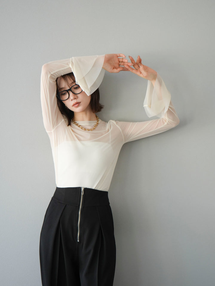 [予約]フレアロングスリーブパワーメッシュトップス/アイボリー