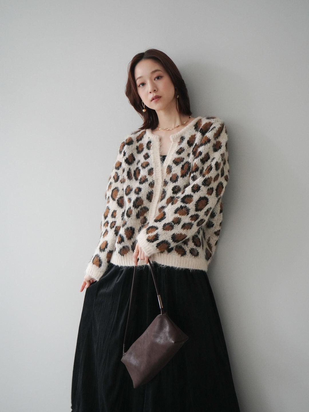 [SET]モヘアタッチレオパード柄ニットカーディガン+ワッシャーベロアプリーツスカート(2set)