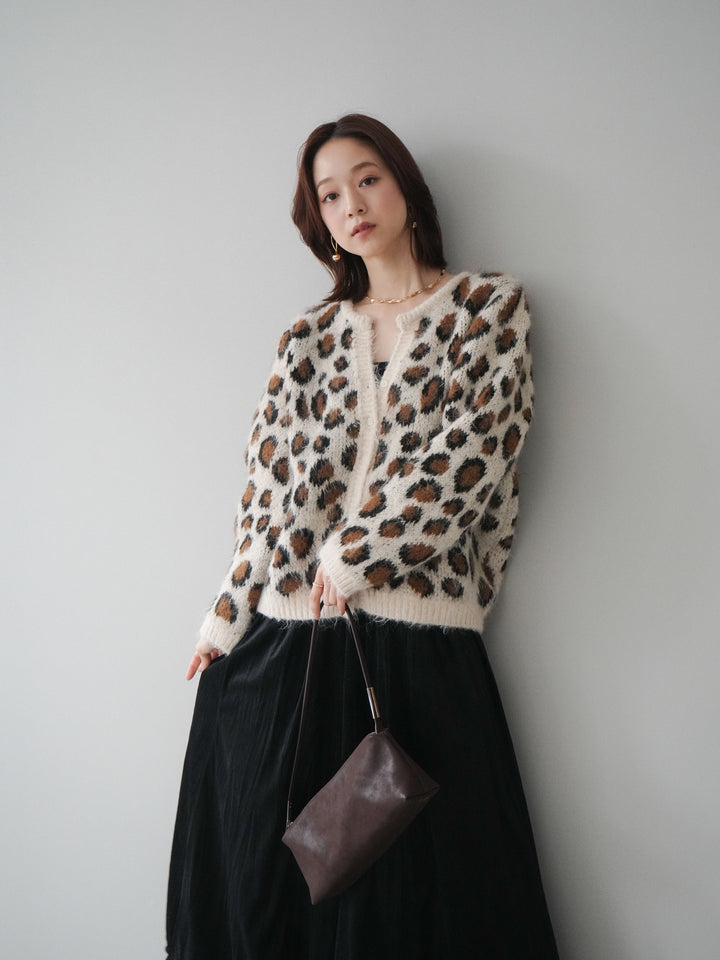 [SET]モヘアタッチレオパード柄ニットカーディガン+ワッシャーベロアプリーツスカート(2set)