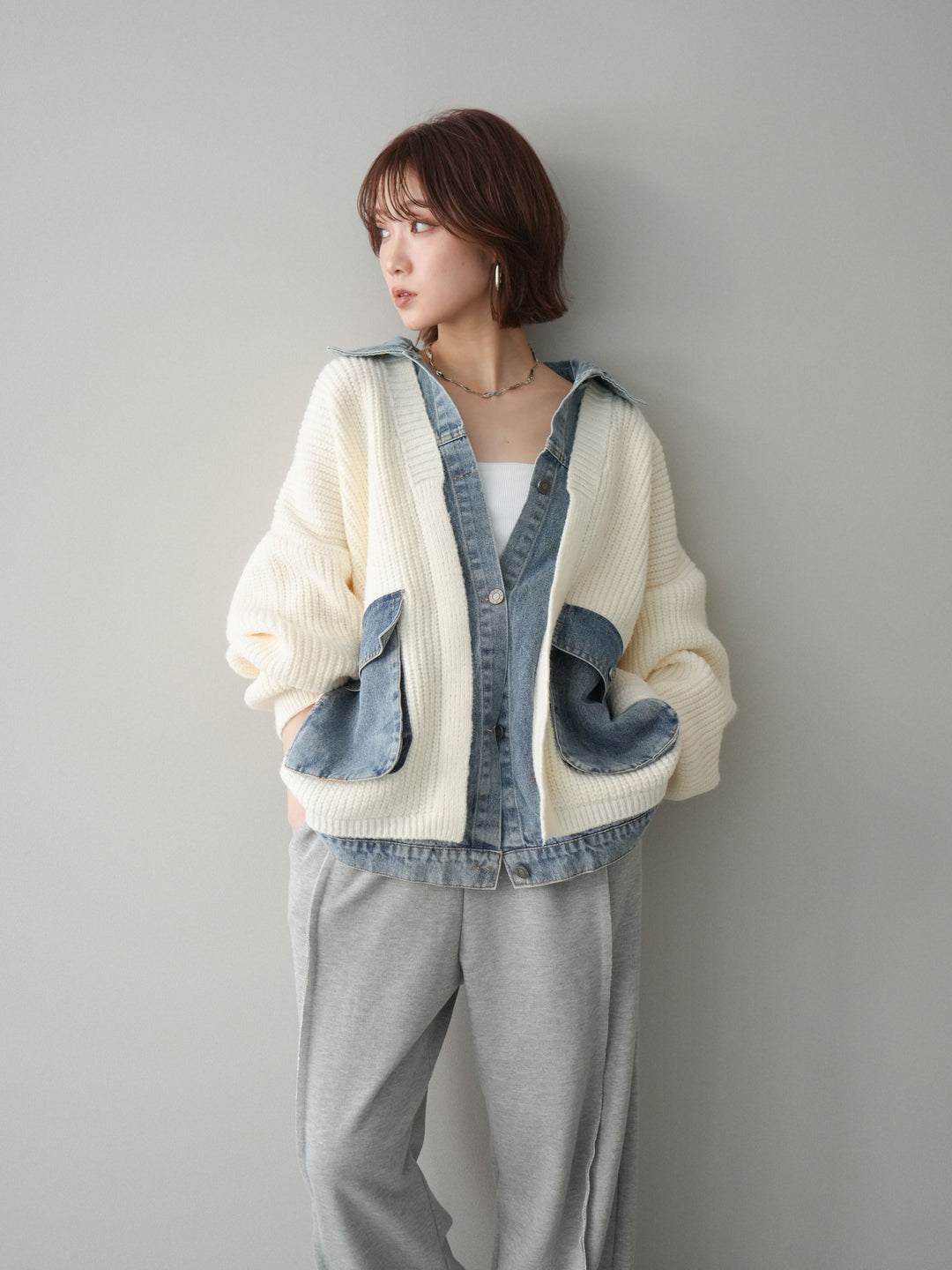 [SET]デニムドッキングオーバーニットジャケット+2WAYデザインスウェットパンツ(2set)