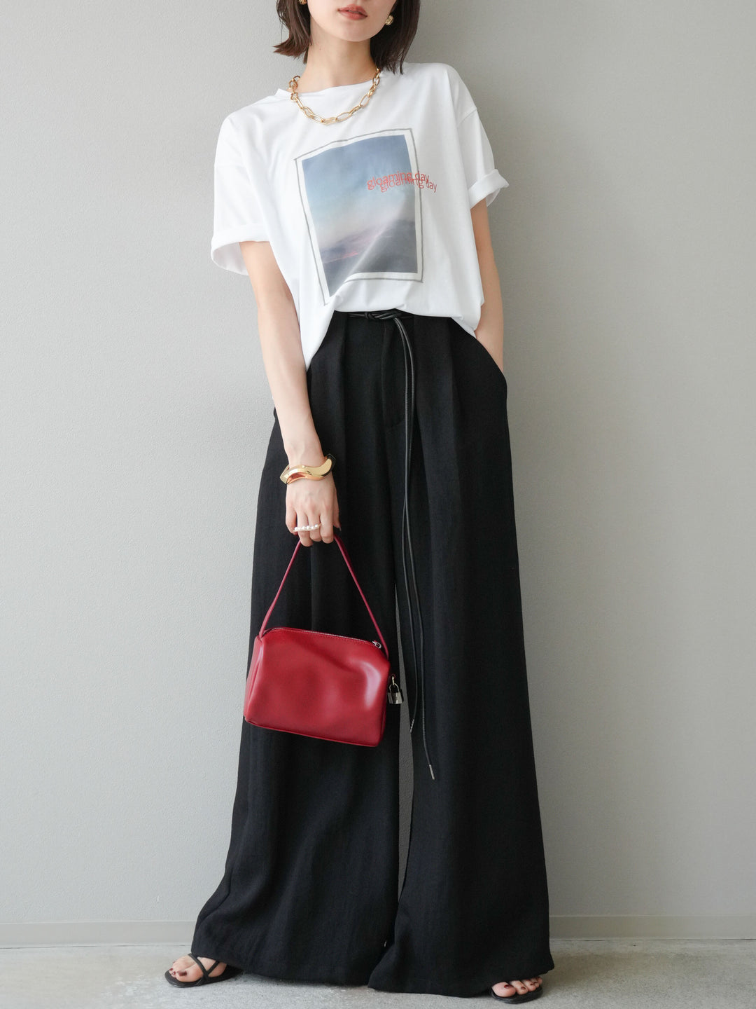 [予約]ロープデザインベルトリネンタッチワイドパンツ/ブラック