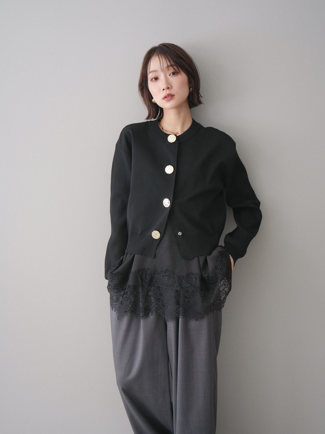 [SET]メタルボタンクルーネックニットカーディガン+選べるアクセセット(2set)